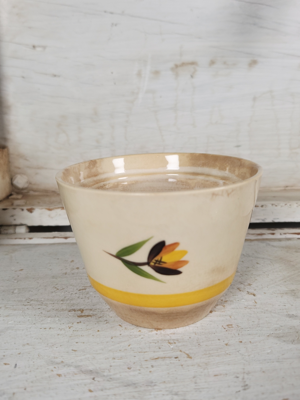 Small Stained Crazed Bowl w/ Yellow Flower 4" | Shabby Chic Shelf Decor